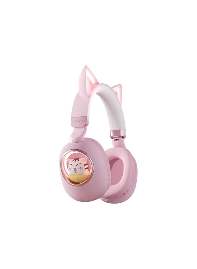 Cat Ear Kids Bluetooth Headphones, Foldable LED Light Up Headphones Stereo Over Ear with Microphone/TF Card Wireless Headphone for iPhone/iPad/Smartphone/Laptop/PC/TV (Pale Pink) - Image 1